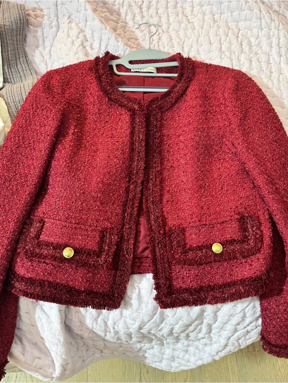 Alice and Olivia Red Bouclé Boxy Jacket with Gold Buttons - Picture 1 of 3